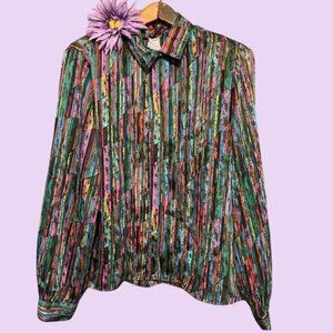 Vintage 80s Sheer Striped Blouse With Bright Multicolor Abstract
